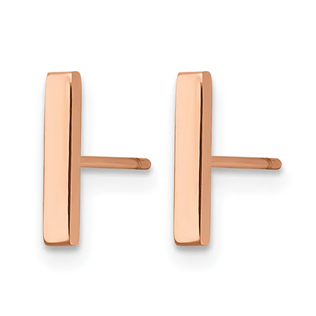 Pair of rose gold rectangular stud earrings with flat polished surfaces and small rounded posts, shown from the front against a white background.