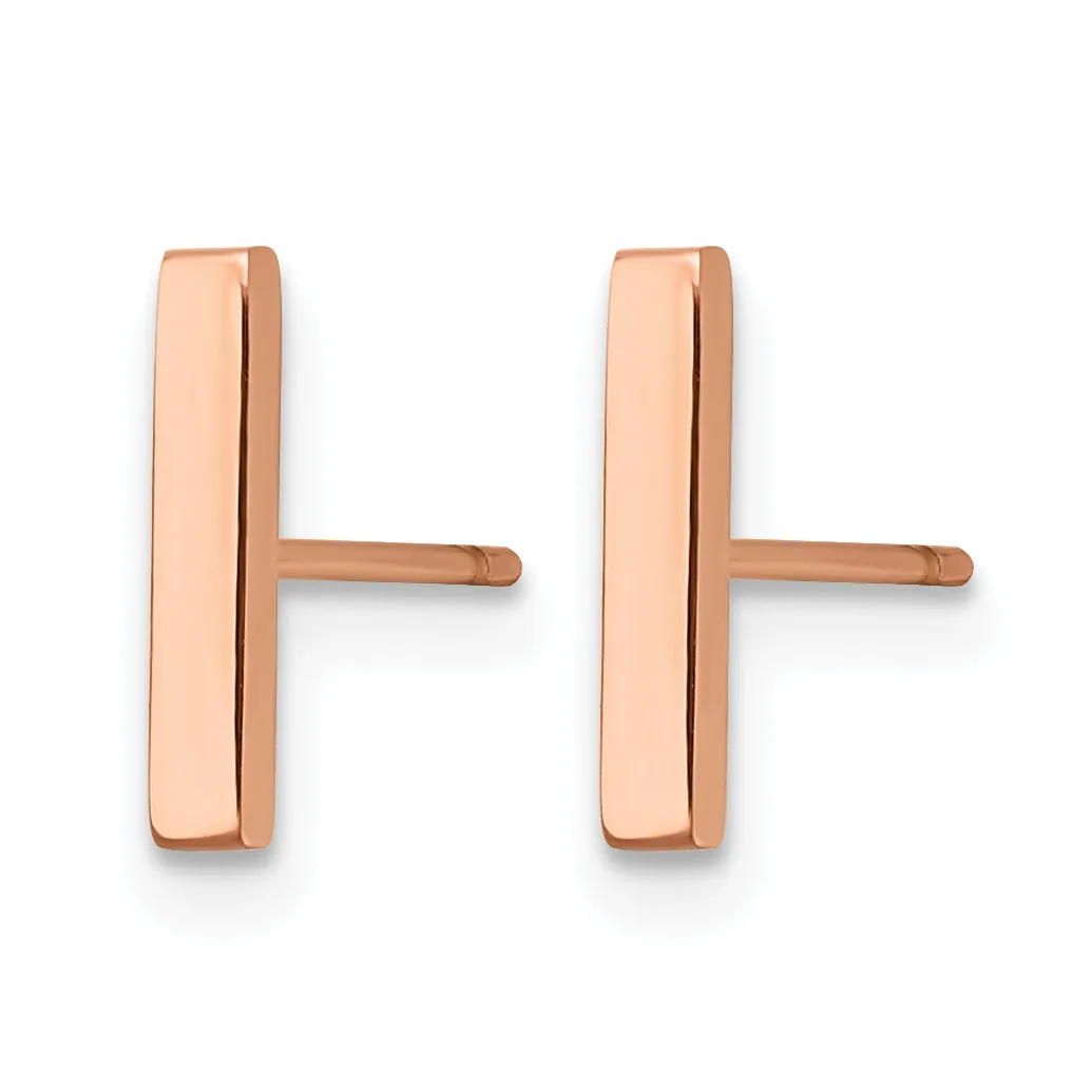 Pair of rose gold rectangular stud earrings with flat polished surfaces and small rounded posts, shown from the front against a white background.