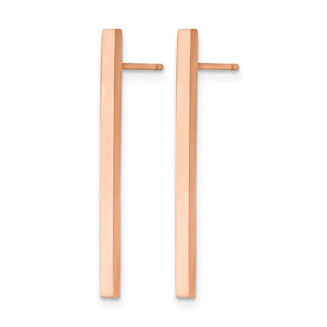 A pair of rose gold bar stud earrings with small cylindrical posts extending horizontally from two vertical rectangular bars.