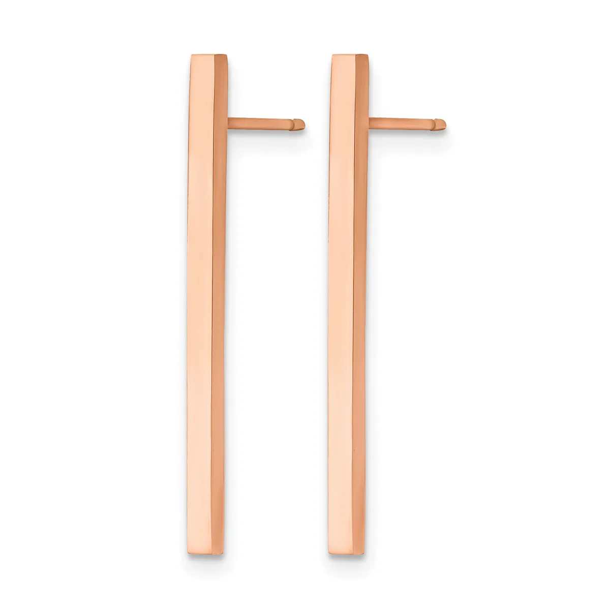 A pair of rose gold bar stud earrings with small cylindrical posts extending horizontally from two vertical rectangular bars.