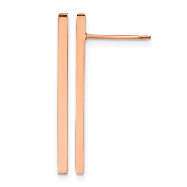 Pair of rose gold rectangular bar stud earrings with polished finish, shown from the front with posts and backing visible.