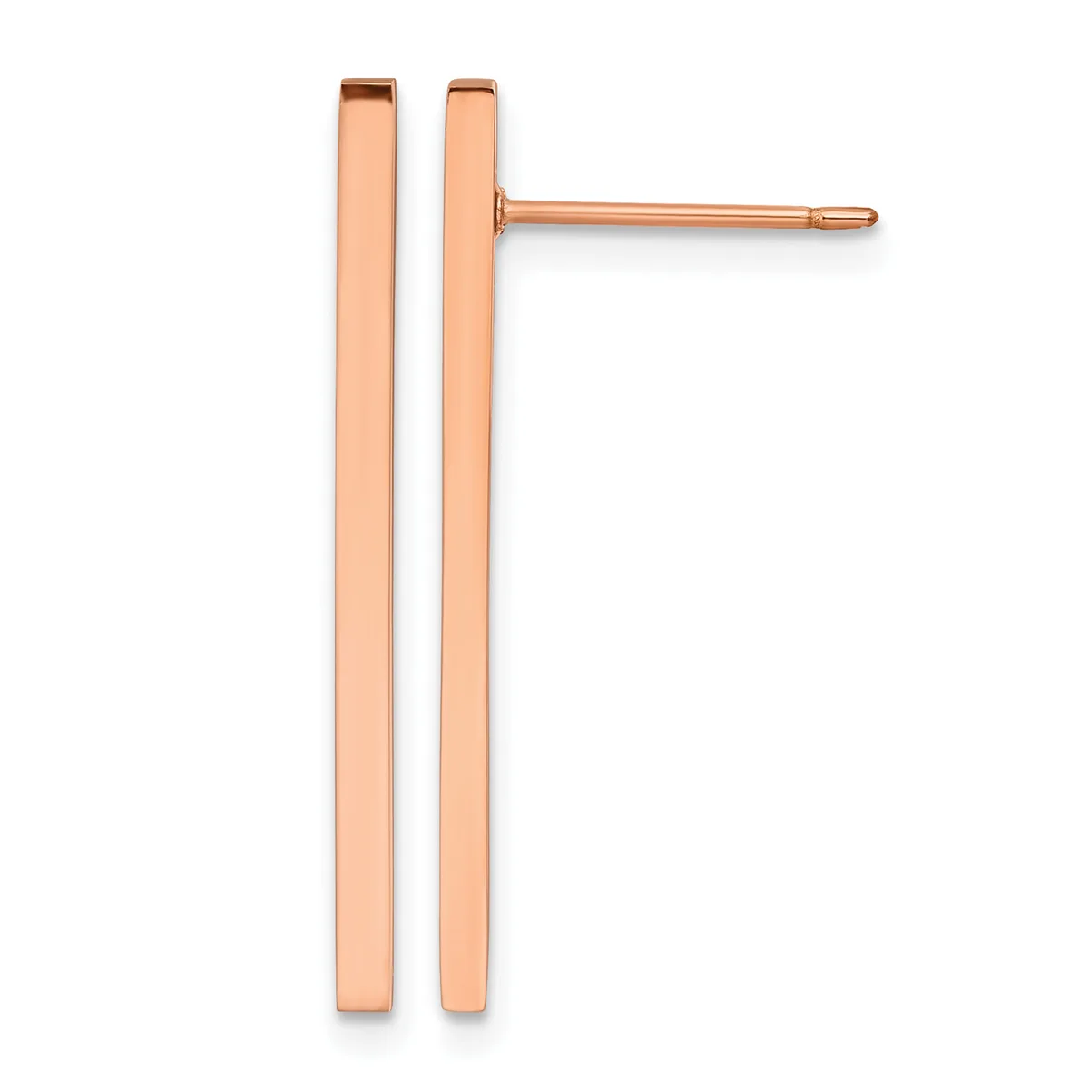 Pair of rose gold rectangular bar stud earrings with polished finish, shown from the front with posts and backing visible.