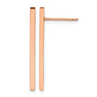 Pair of rose gold rectangular bar stud earrings with polished finish, shown from the front with posts and backing visible.