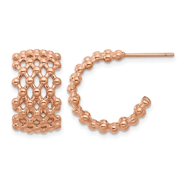 A pair of rose gold beaded hoop earrings with textured spherical beads arranged in a lattice pattern, shown from the front and side view.