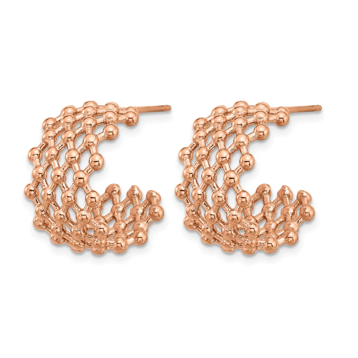 Pair of rose gold textured hoop earrings with beaded surface detail and post backs, displayed against a white background.