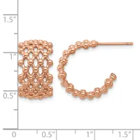Rose gold beaded hoop earrings displayed next to a ruler showing approximately one inch in height and one and a half inches in width.