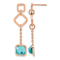 Pair of rose gold dangle earrings with open square links at the top connected to chain segments and cushion-cut blue topaz stones in bezels at the bottom, shown from front and side views.
