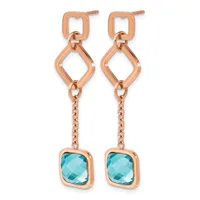 Pair of rose gold dangle earrings with geometric square studs, linked diamond-shaped connectors, fine chain drops, and faceted square blue topaz stones at the ends.