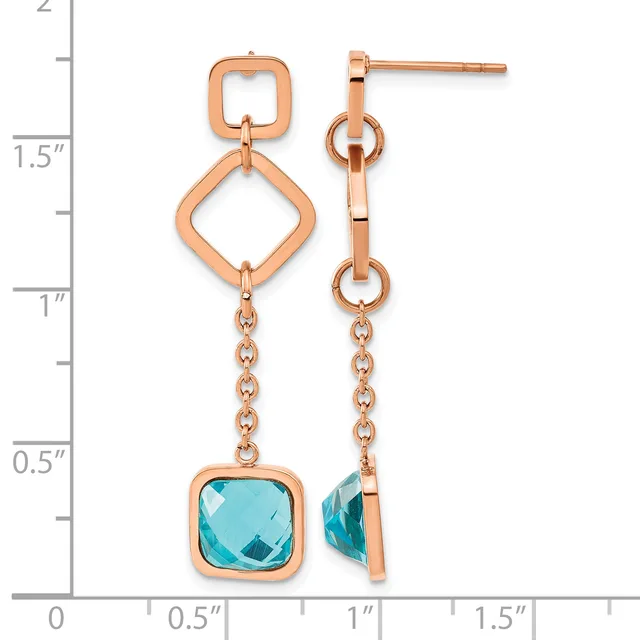 Pair of rose gold drop earrings with open square links and faceted blue topaz gemstones, displayed against a measurement scale.