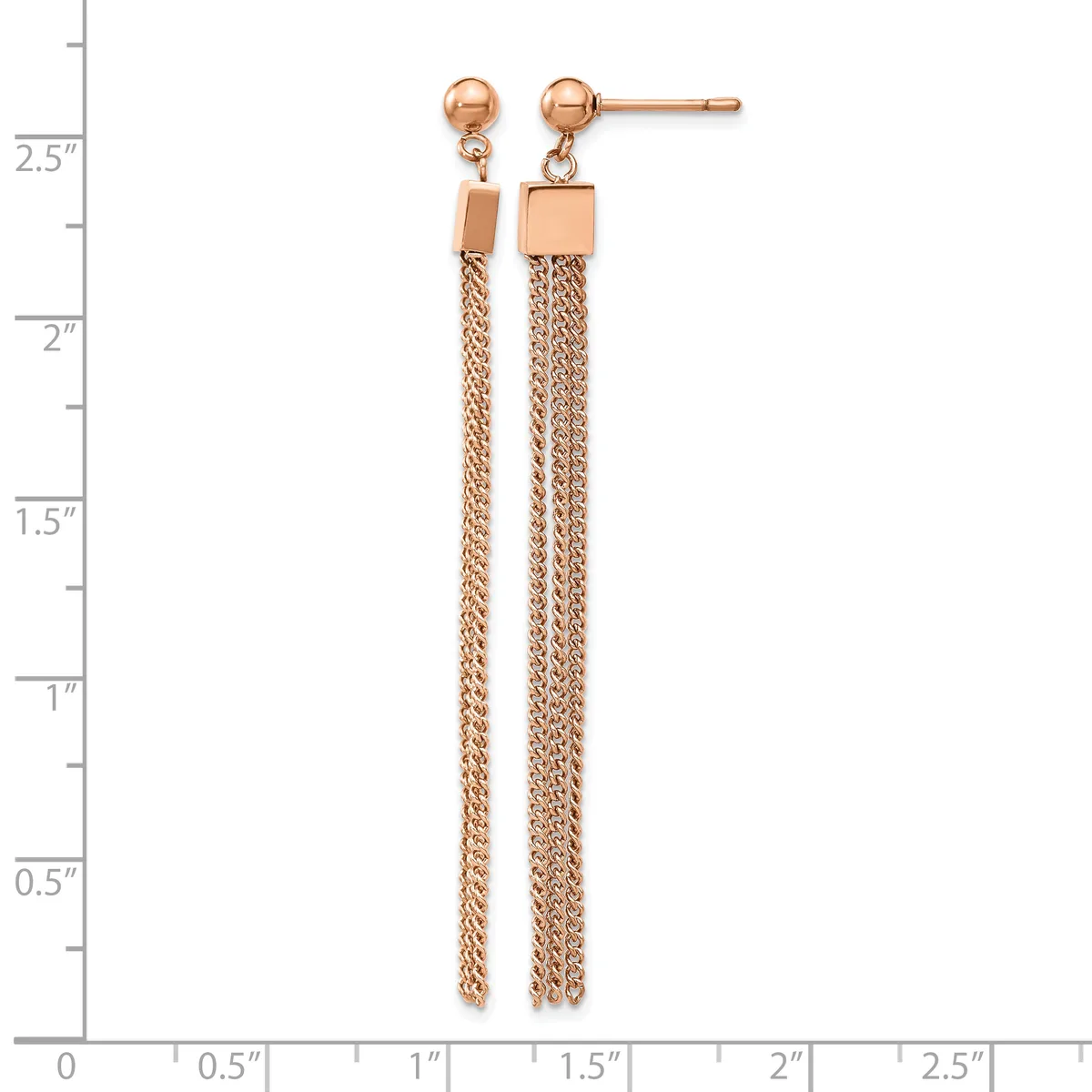 Pair of rose gold drop earrings with small ball studs and long chain tassels with square connectors, displayed on a measurement ruler.