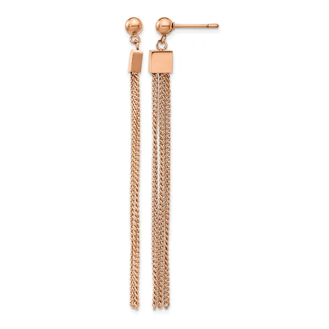 Rose gold stud earrings with small square tops and long dangling chain strands, shown against a white background.