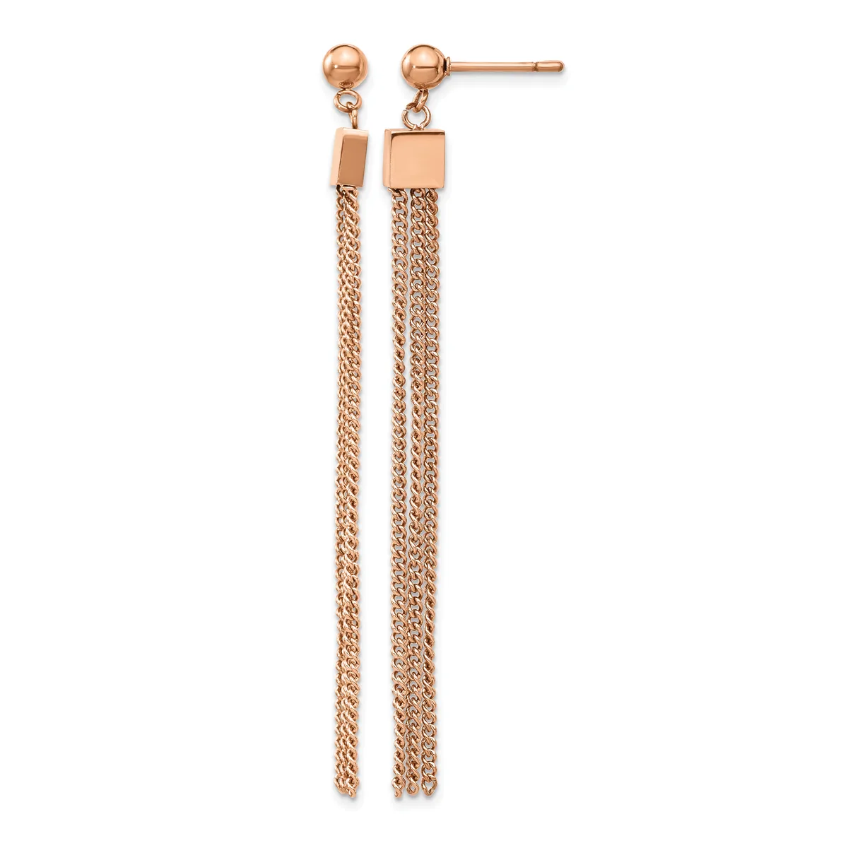 Rose gold stud earrings with small square tops and long dangling chain strands, shown against a white background.