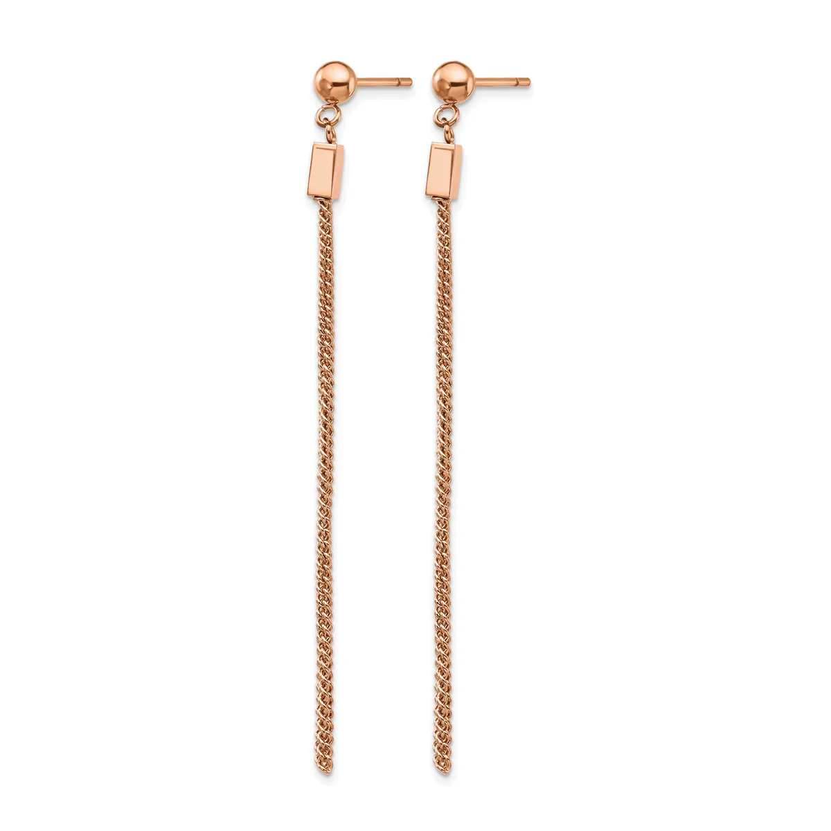 Pair of rose gold drop earrings with ball studs and small rectangular connectors suspending long chain strands.