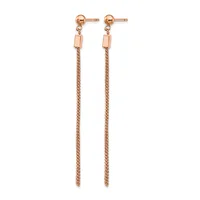 Pair of rose gold drop earrings with ball studs and small rectangular connectors suspending long chain strands.