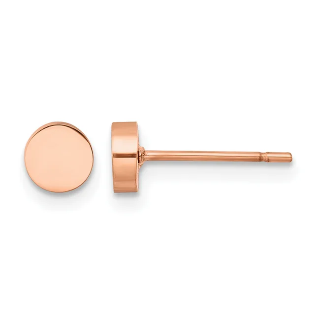 A pair of rose gold stud earrings with polished circular disc faces displayed from front and side views.