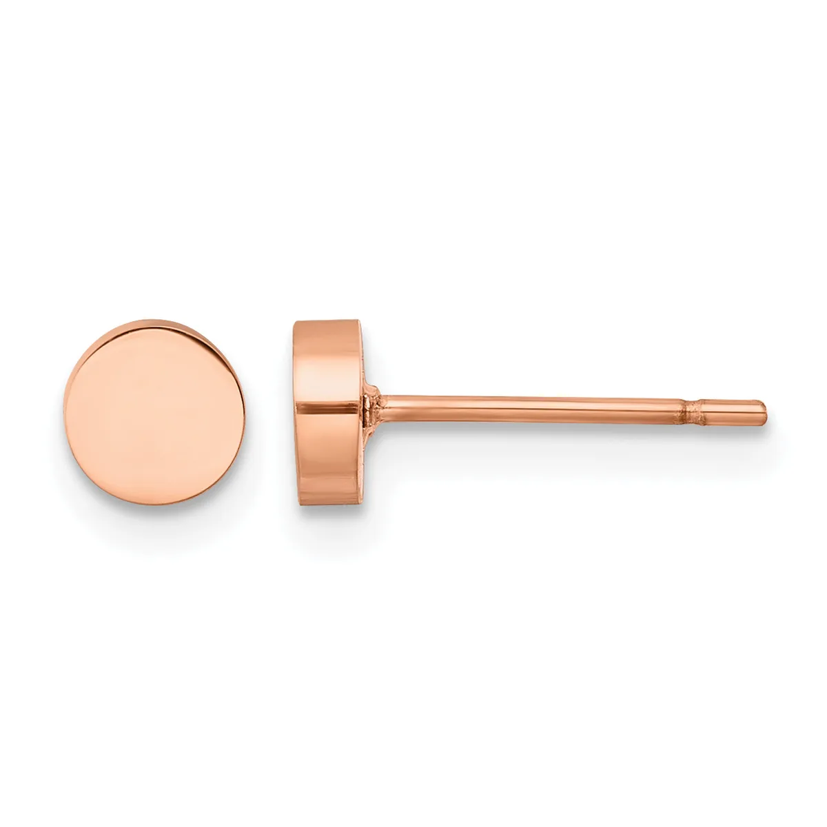 A pair of rose gold stud earrings with polished circular disc faces displayed from front and side views.