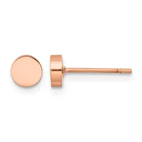 A pair of rose gold stud earrings with polished circular disc faces displayed from front and side views.