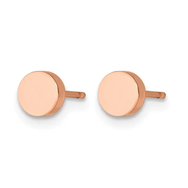 A pair of rose gold stud earrings with round polished faces and short posts, shown from the front.