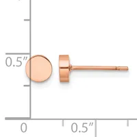 A pair of rose gold circular stud earrings displayed against a measurement ruler showing approximately 0.5 inch diameter.