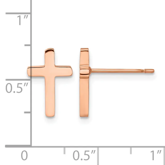 Two rose gold cross stud earrings shown front and side view against a measurement scale, each approximately 0.5 inches tall.