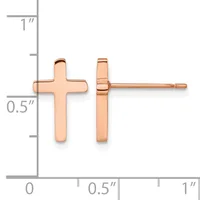 Two rose gold cross stud earrings shown front and side view against a measurement scale, each approximately 0.5 inches tall.