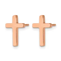 A pair of rose gold cross-shaped stud earrings with polished finish and post backs, displayed side by side.