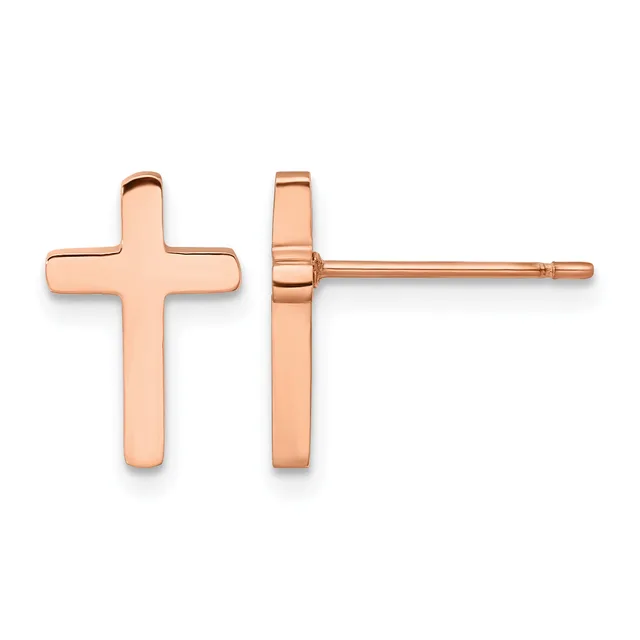 Pair of rose gold cross stud earrings shown from front and side views, displaying polished finish and post-back closures.