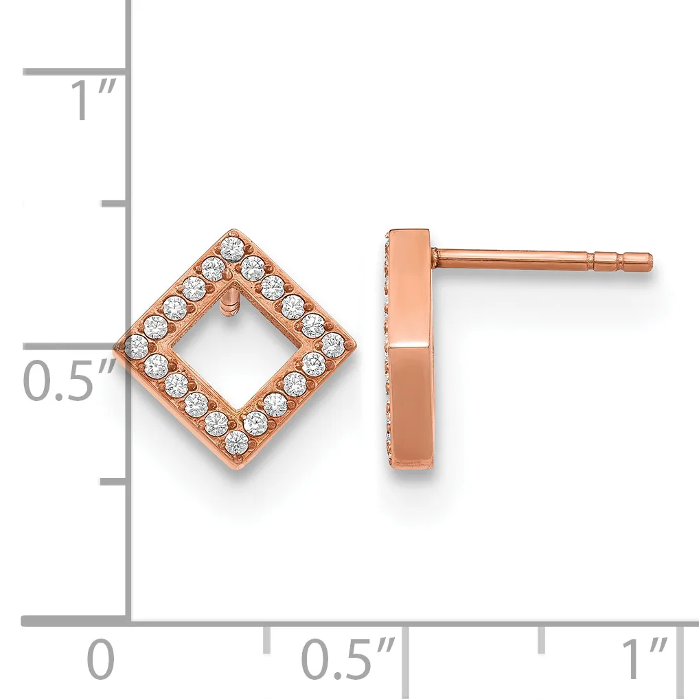 Rose gold square stud earrings with diamond accents around the border, shown next to a measurement scale indicating approximately half-inch width.