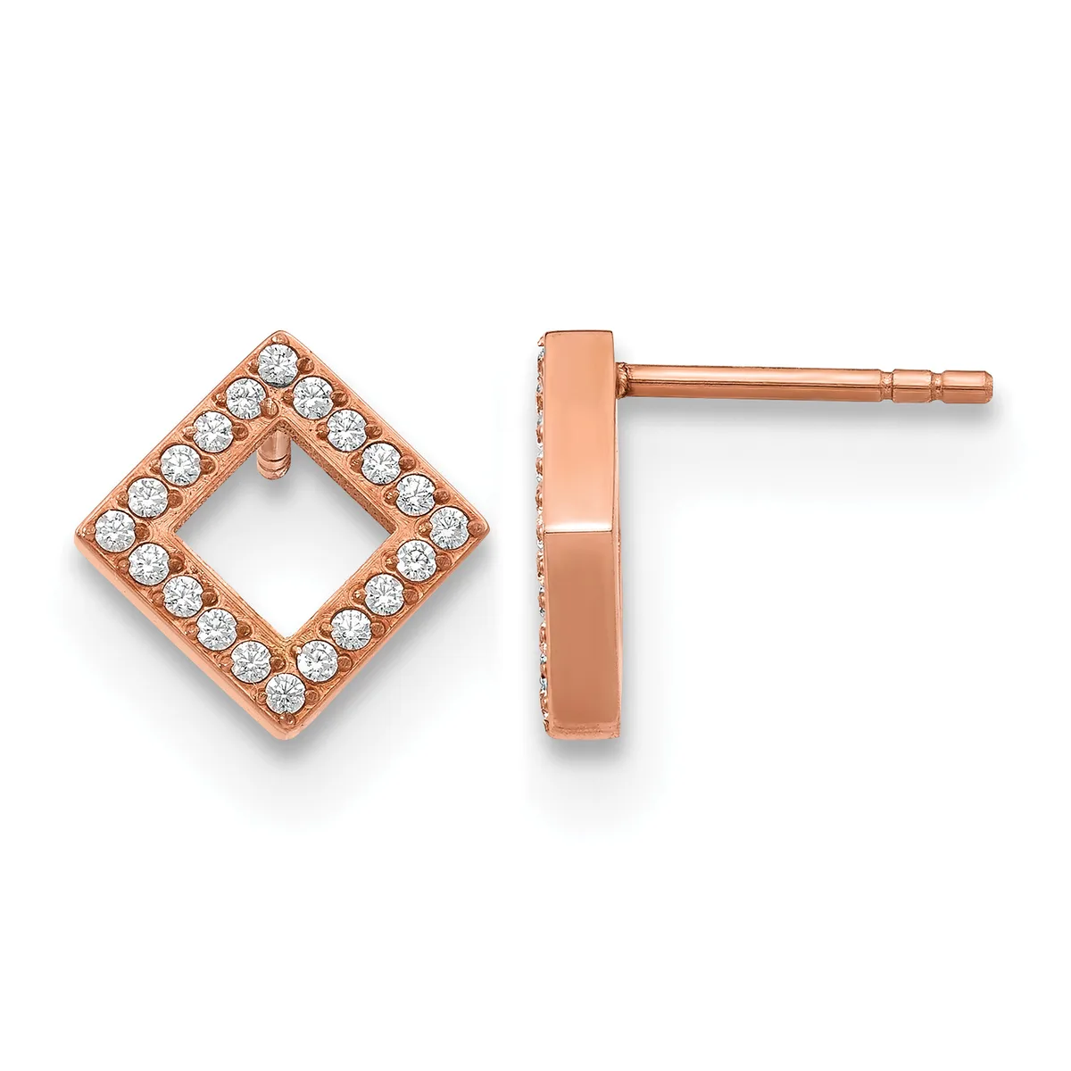 Rose gold square stud earrings with diamond accents around the hollow center, shown from front and side views.