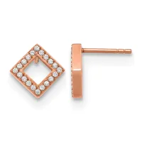 Rose gold square stud earrings with diamond accents around the hollow center, shown from front and side views.