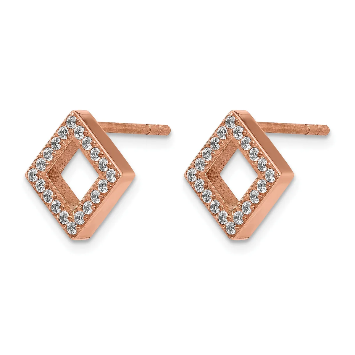 A pair of rose gold diamond stud earrings with diamond-outlined square frames and open centers, shown from the front.