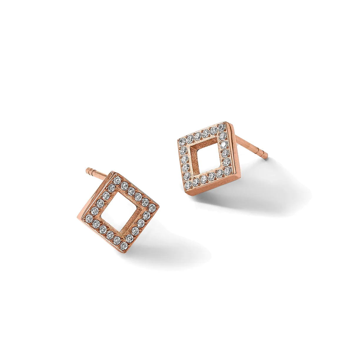 A pair of rose gold square stud earrings with diamond pavé borders and open centers, shown at angles against a white background.