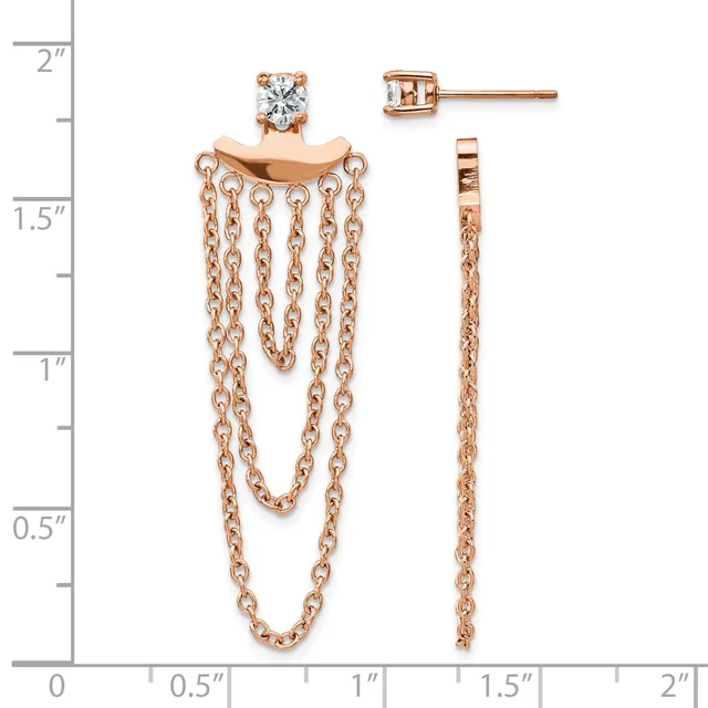 Rose gold earring and necklace set with solitaire diamond studs and matching chain pendant with draped strands, displayed against a measurement scale.