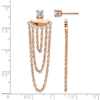 Rose gold earring and necklace set with solitaire diamond studs and matching chain pendant with draped strands, displayed against a measurement scale.