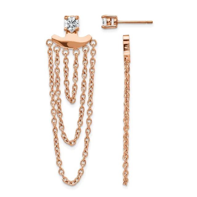 Rose gold stud earrings with round crystals attached to draped chain fringe, shown from front and side views.