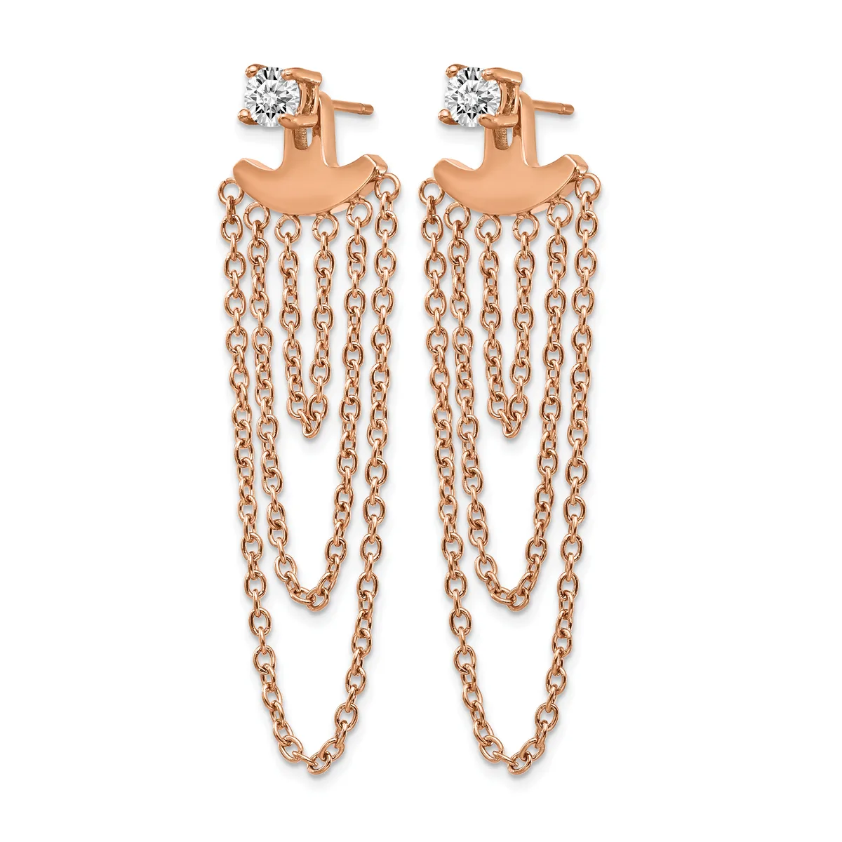 Rose gold drop earrings with round diamond studs at the top and multiple strands of delicate chain cascading downward.