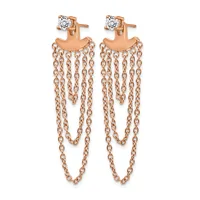 Rose gold drop earrings with round diamond studs at the top and multiple strands of delicate chain cascading downward.
