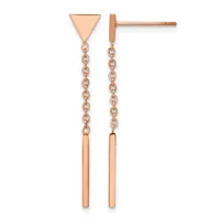 Rose gold drop earrings with triangular tops, delicate chain links, and rectangular bar pendants, shown as a pair from front and side views.