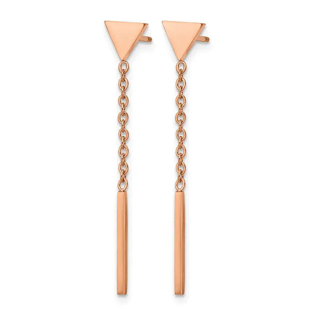 A pair of rose gold drop earrings with triangular studs connected to long chain links and rectangular bar pendants.
