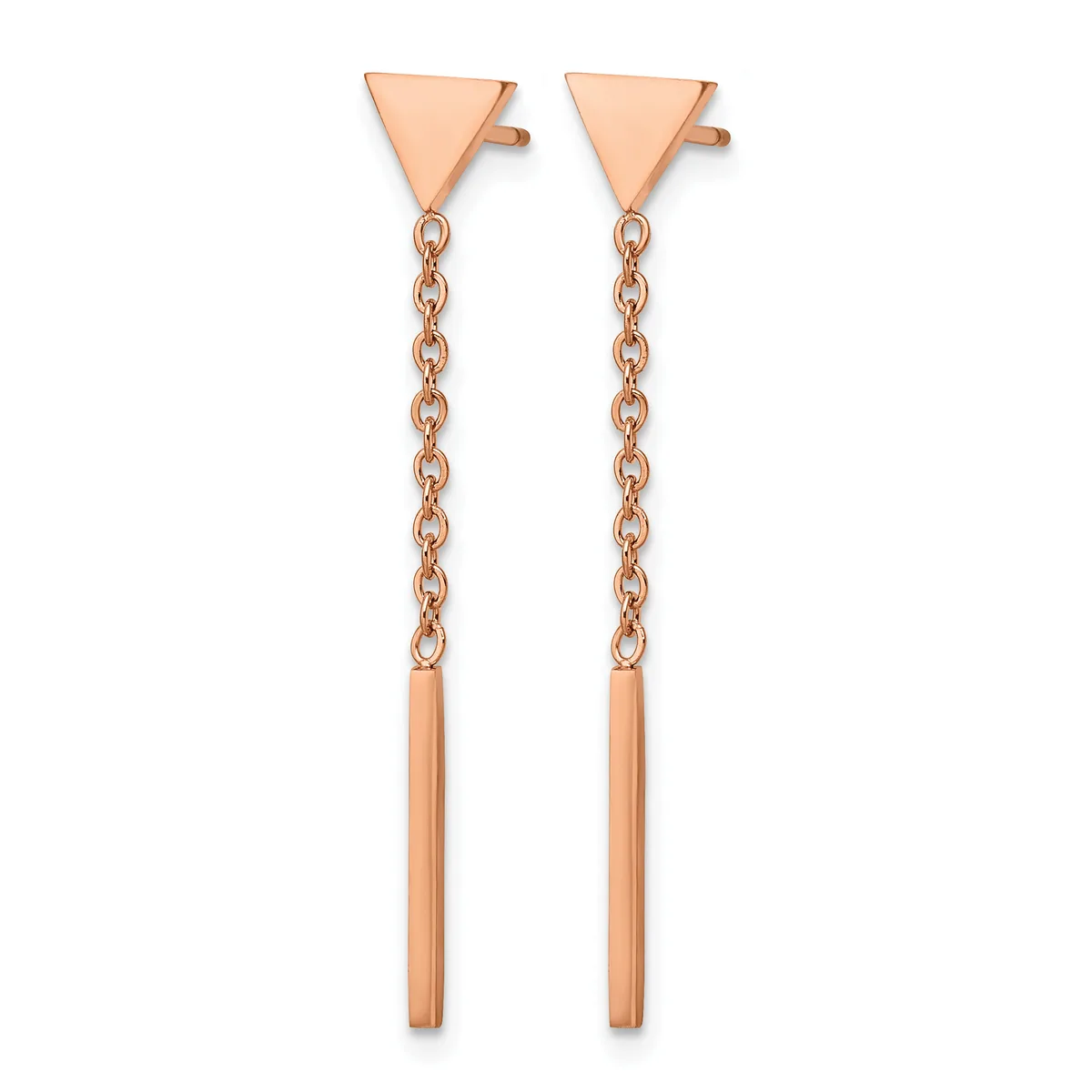 A pair of rose gold drop earrings with triangular studs connected to long chain links and rectangular bar pendants.