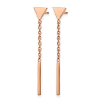 A pair of rose gold drop earrings with triangular studs connected to long chain links and rectangular bar pendants.