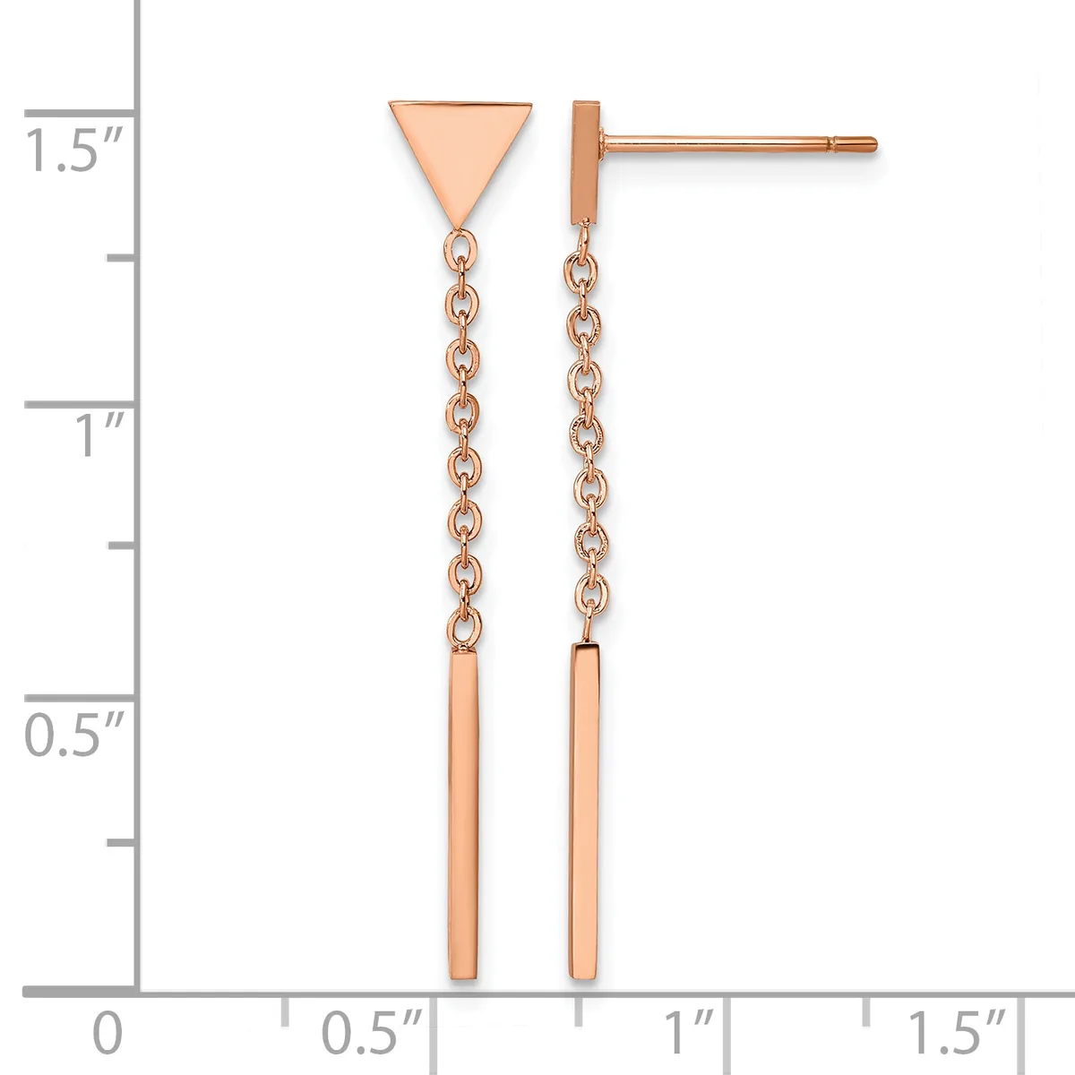 Rose gold triangle stud earrings with chain and bar dangles, shown next to a ruler measuring approximately 1.5 inches in length.