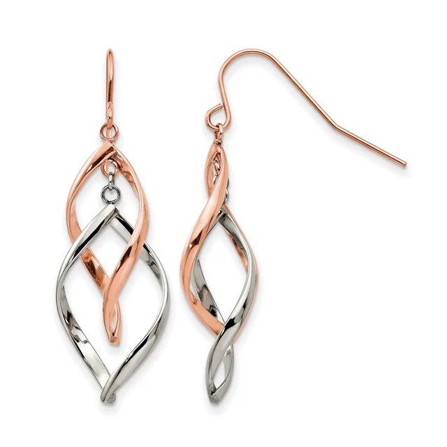Two-tone rose and white gold drop earrings with intertwined curved leaf shapes, shown from front and side angles on white background.