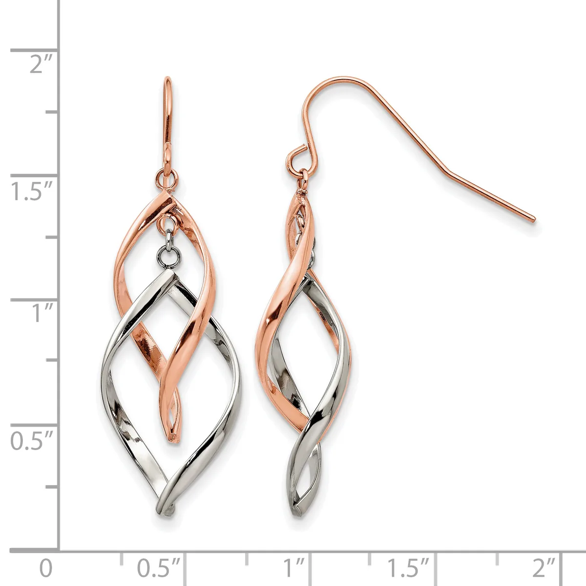 Pair of two-tone rose and white gold dangle earrings with intertwined leaf-shaped loops, displayed against a measurement ruler showing approximately 1.75 inches in length.