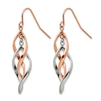 Pair of two-tone drop earrings with interlocking rose gold and silver oval shapes, suspended from rose gold ear wires.