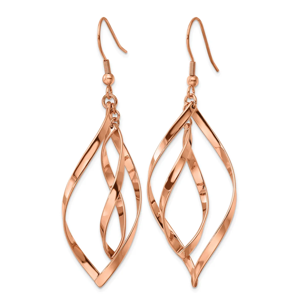 A pair of rose gold-toned drop earrings with intertwined leaf-shaped frames hanging from curved ear wires.