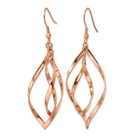 A pair of rose gold-toned drop earrings with intertwined leaf-shaped frames hanging from curved ear wires.