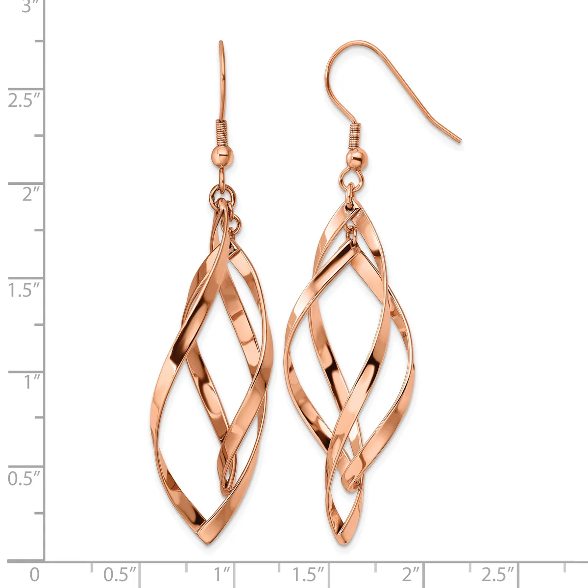 Pair of rose gold-colored twisted teardrop earrings with fish hook ear wires, displayed against a measurement scale showing approximately 2.5 inches in length.