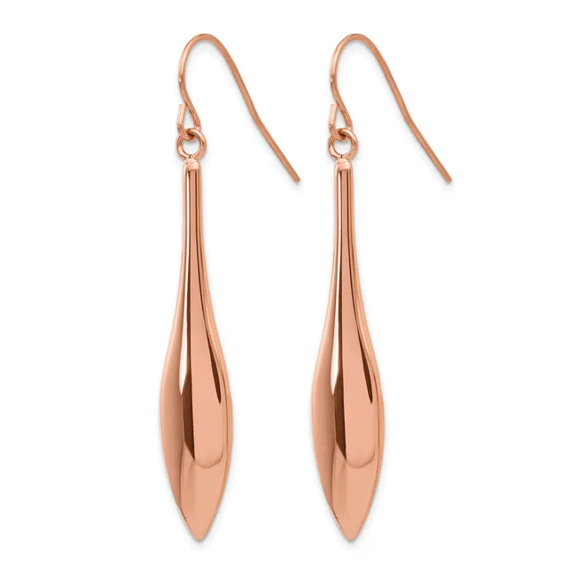 A pair of rose gold teardrop earrings with fish hook ear wires, shown against a white background.