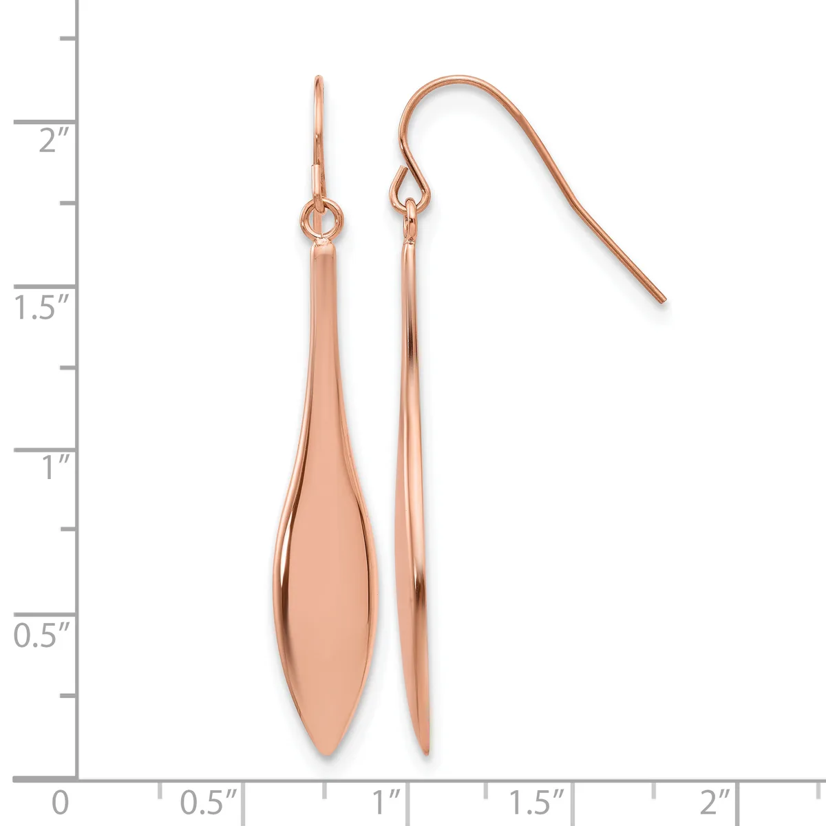 Pair of rose gold teardrop earrings with fish hook wires, displayed against a measurement scale showing approximately two inches in length.